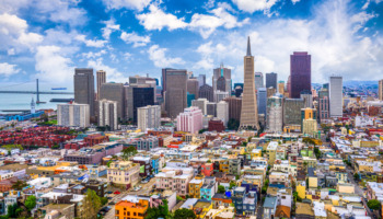 An aerial shot of the city skyline in San Francisco, CA