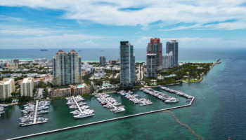 An aerial shot of the Miami coastline in south Florida